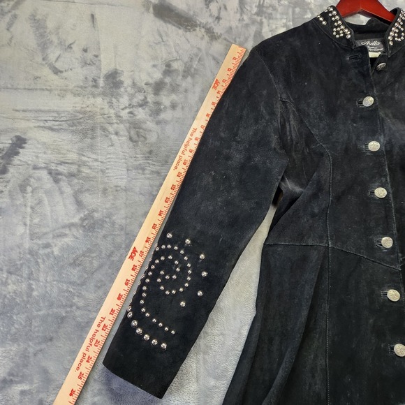 Vintage Arella Studded Suede Western‎ Duster Coat Dress Women's L Black Leather - Picture 5 of 12
